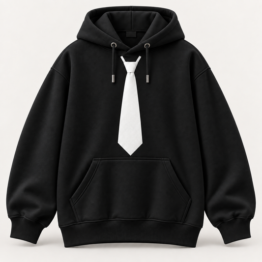 Hoodie noir · Cravate blanche